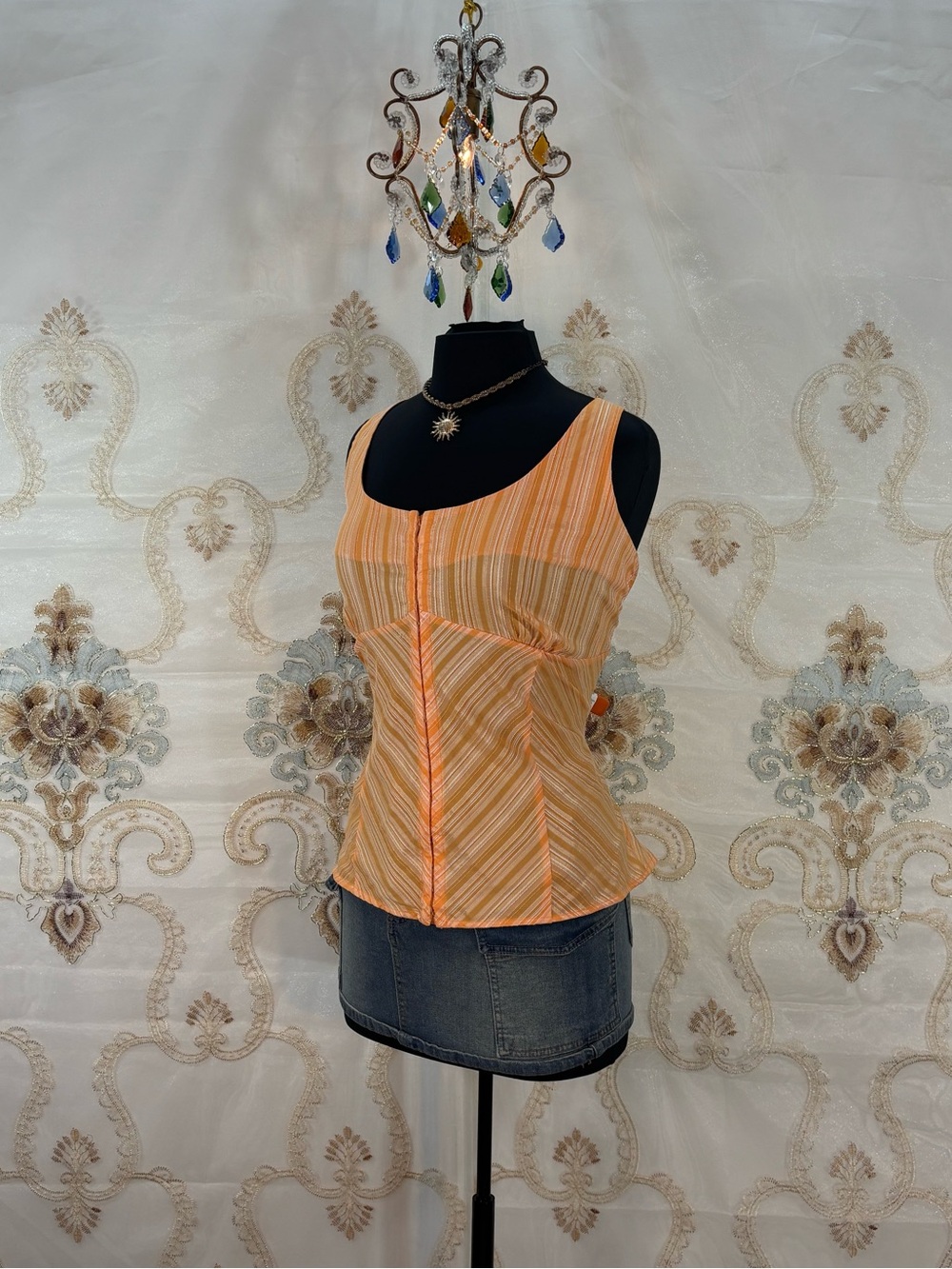 ✨Vintage Y2K Boho Cantaloupe Stripped Hook & Eye Corset Tank Top✨